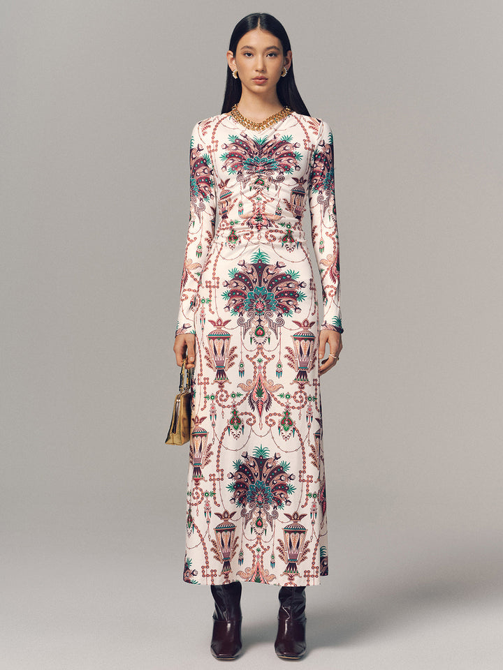 Valantomode | Elegant Ruched Long-Sleeve Maxi Dress with Print