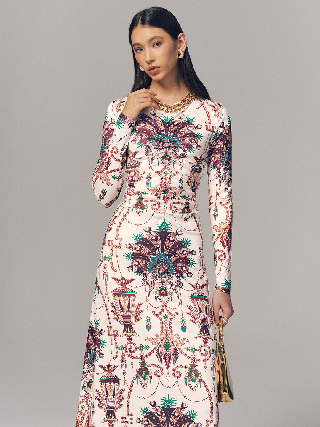 Valantomode | Elegant Ruched Long-Sleeve Maxi Dress with Print
