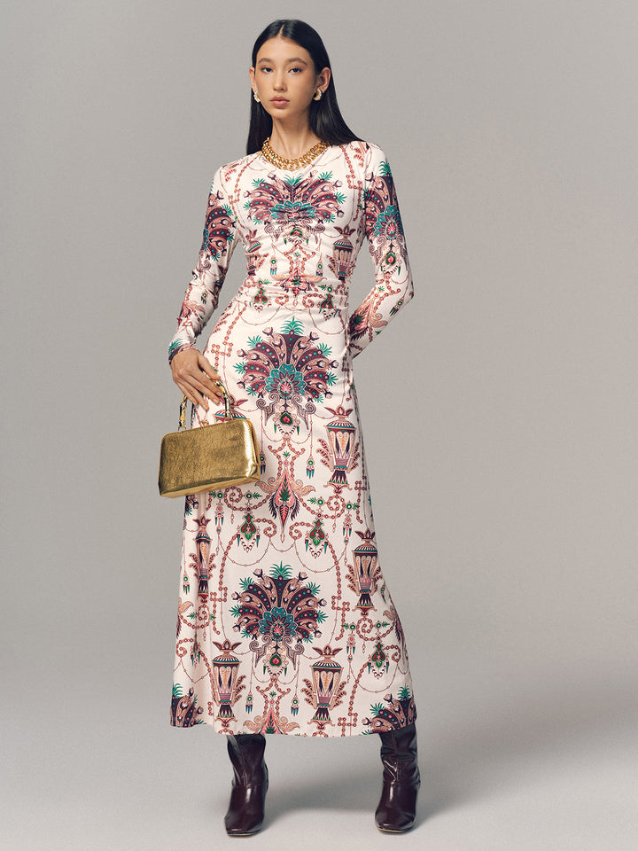 Valantomode | Elegant Ruched Long-Sleeve Maxi Dress with Print