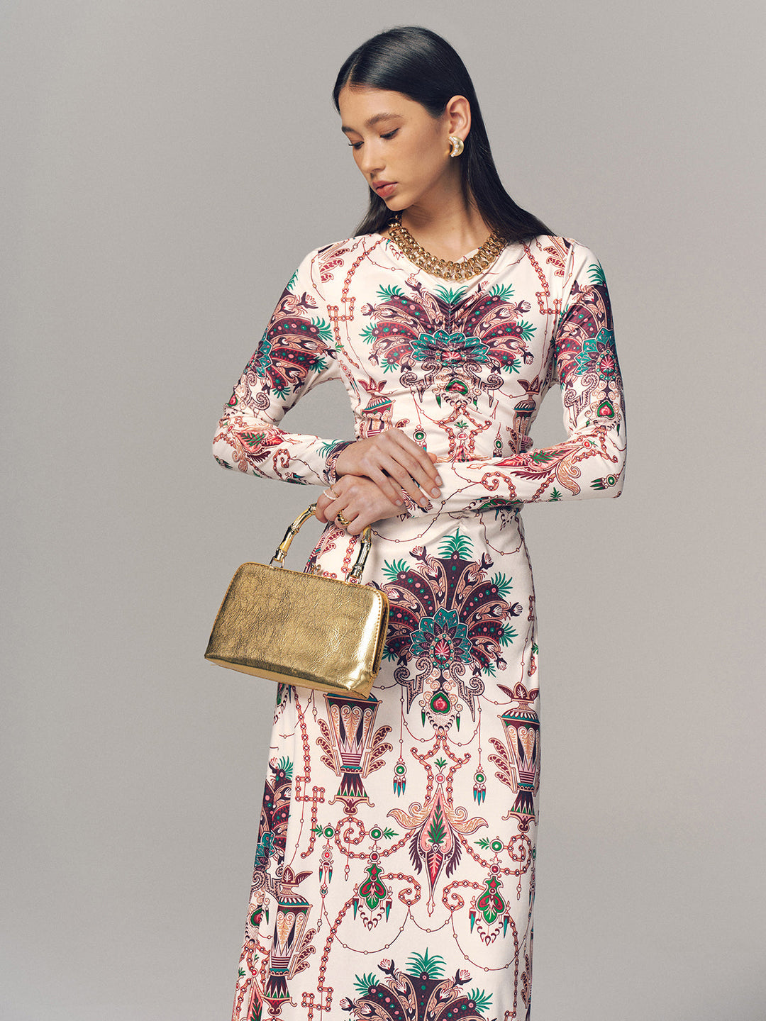 Valantomode | Elegant Ruched Long-Sleeve Maxi Dress with Print