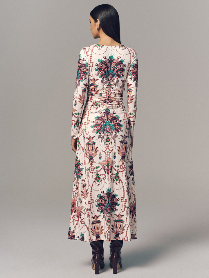 Valantomode | Elegant Ruched Long-Sleeve Maxi Dress with Print