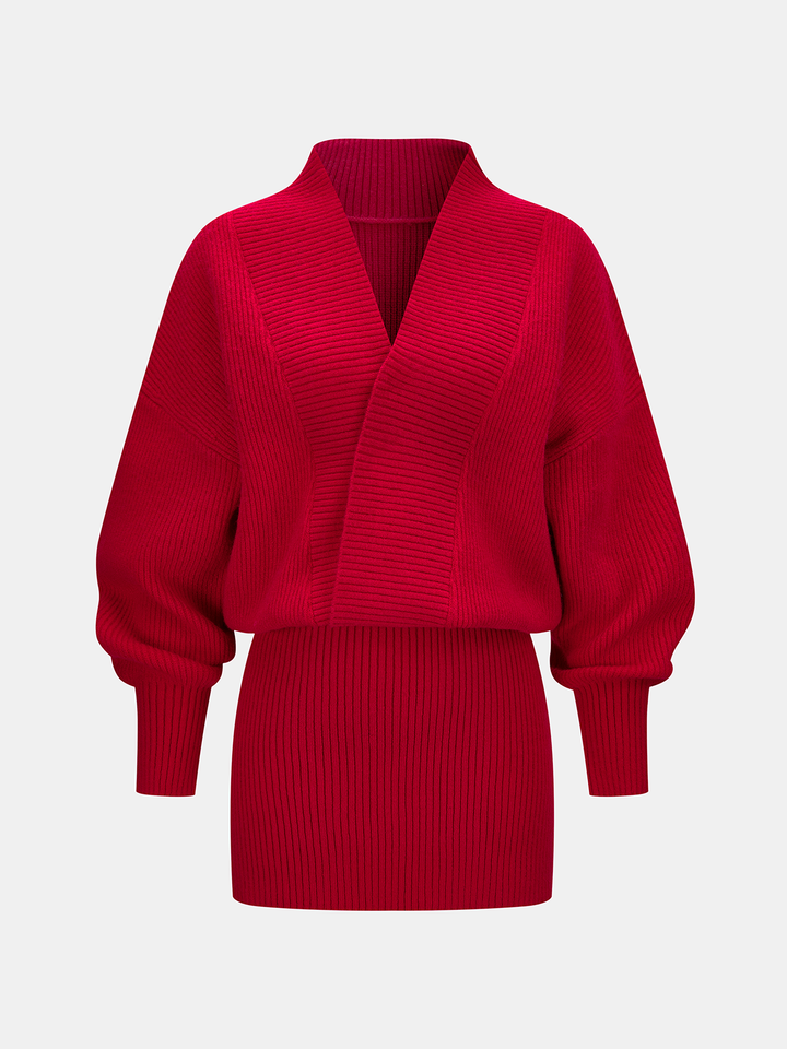 Valantomode | Chic Ribbed Knit V-Neck Wrap Mini Dress for Effortless Style