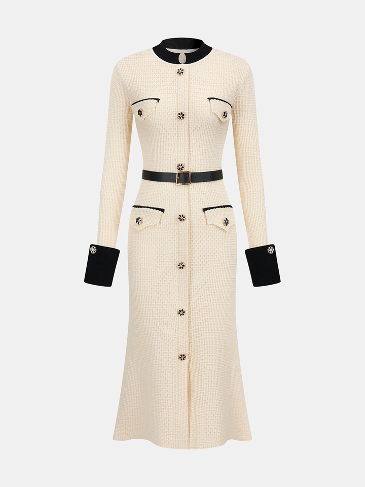 Valantomode | Chic Contrast-Trim Midi Dress with Belted Style