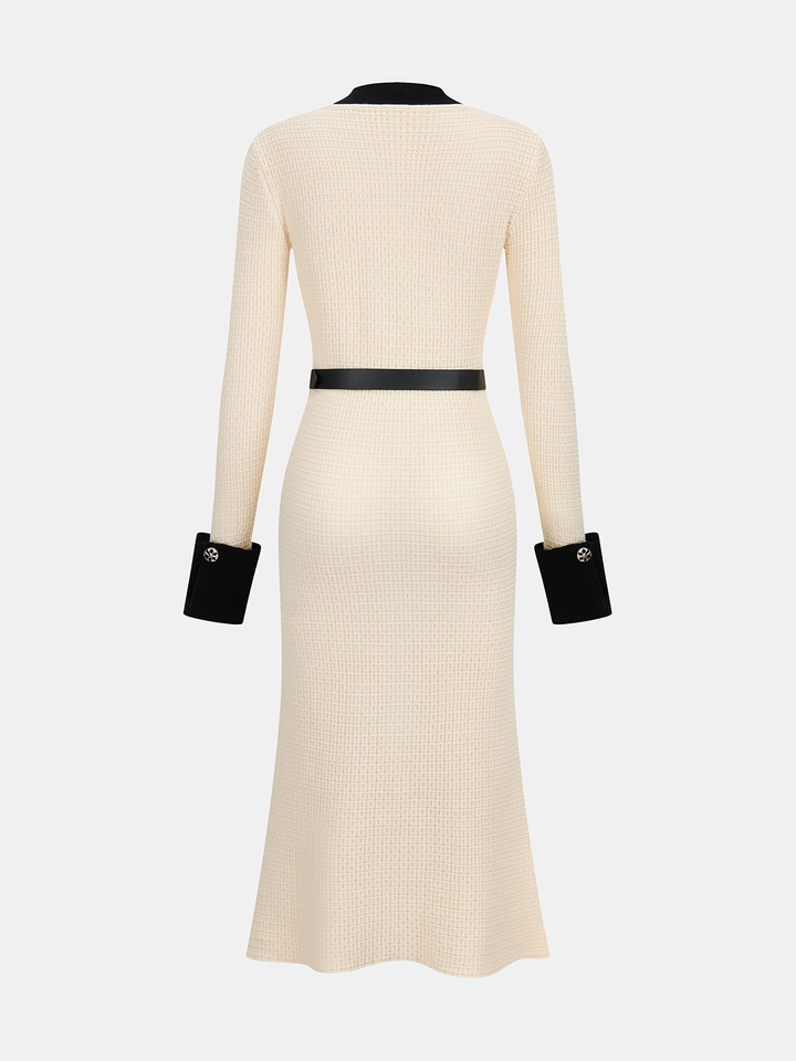 Valantomode | Chic Contrast-Trim Midi Dress with Belted Style