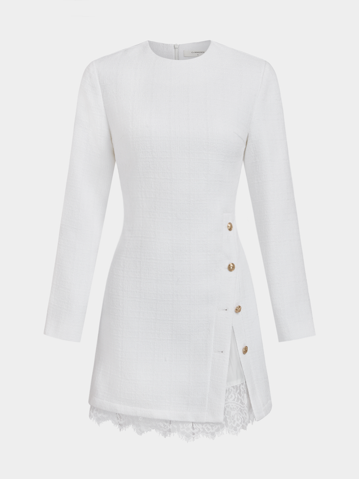 Valantomode | Chic Asymmetric Tweed Mini Dress with Lace Trim
