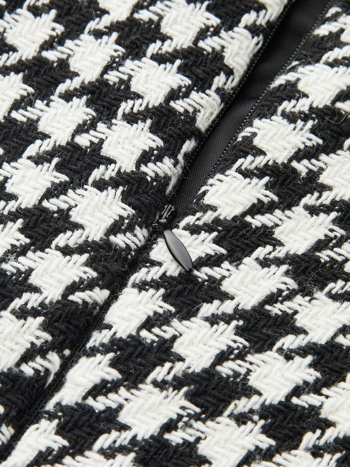 Valantomode | Chic Houndstooth Sleeveless Dress with Faux Leather Trim