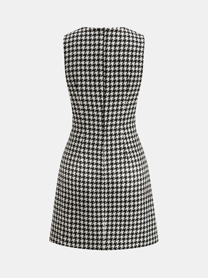 Valantomode | Chic Houndstooth Sleeveless Dress with Faux Leather Trim