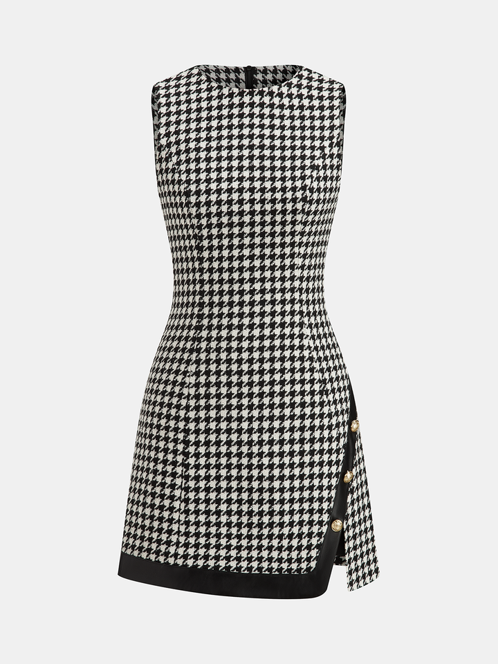 Valantomode | Chic Houndstooth Sleeveless Dress with Faux Leather Trim