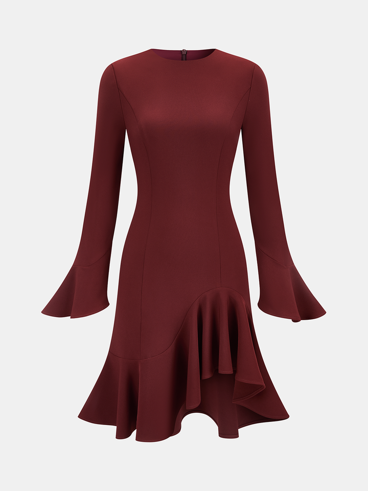 Valantomode | Chic Bell Sleeve Ruffle Asymmetrical Fitted Dress