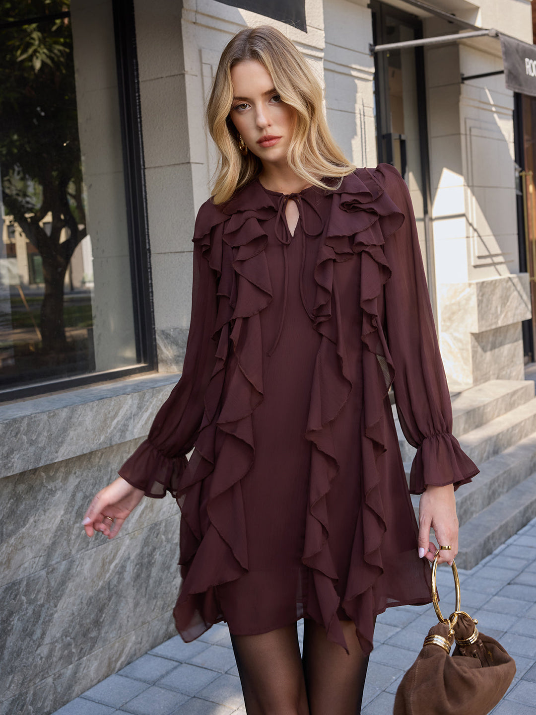 Valantomode | Chic Ruffle Tie-Neck Mini Dress with Belted Chiffon Style