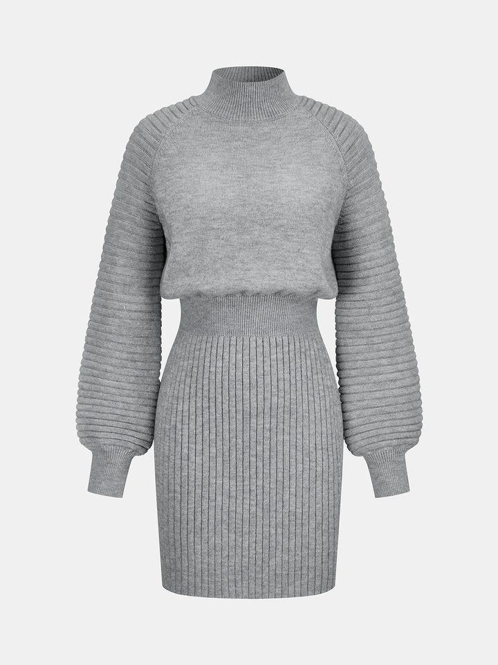Valantomode | Chic Mock Neck Ribbed Knit Dress with Cinched Waist
