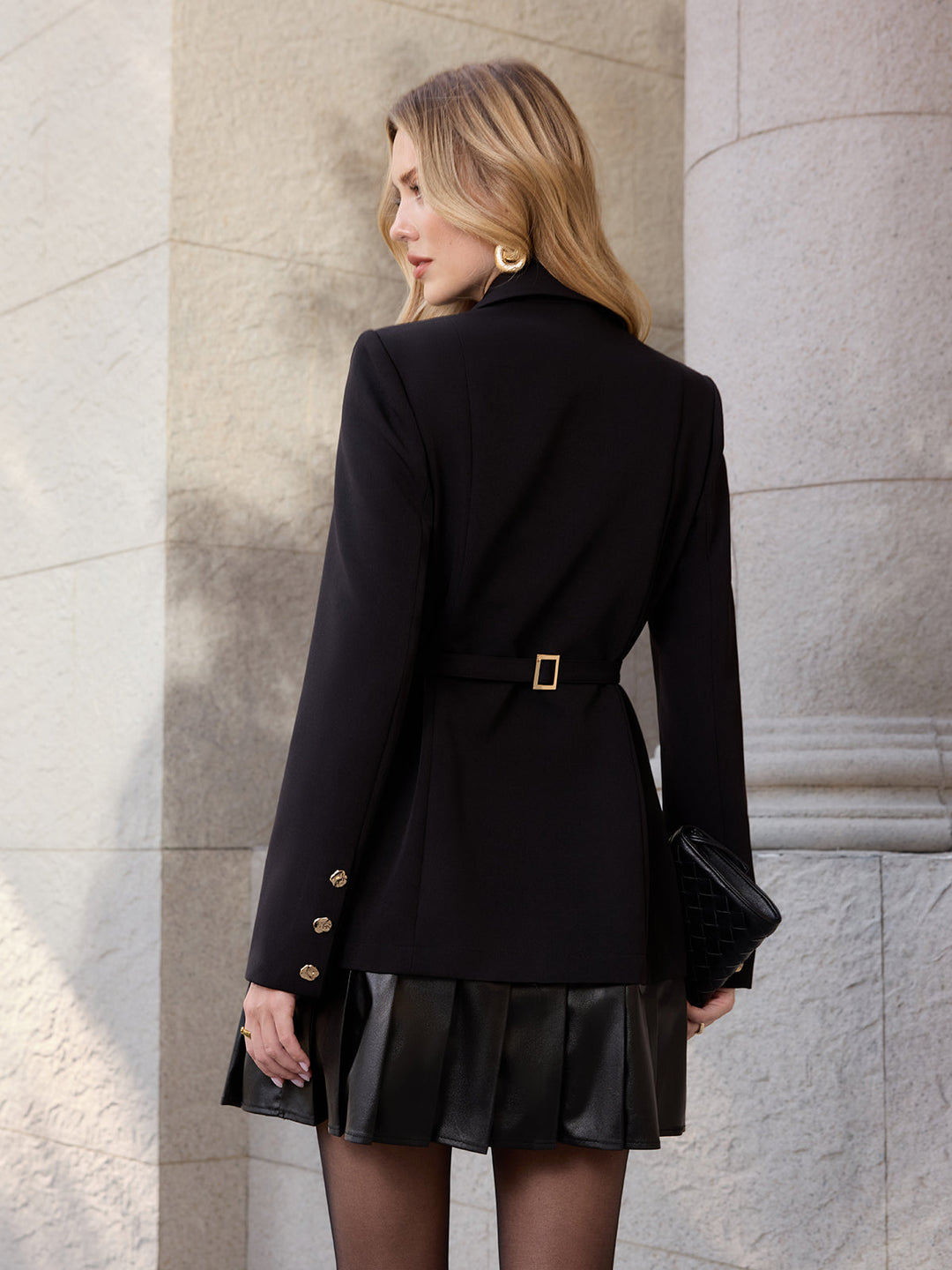 Valantomode | Chic Faux Leather Blazer Dress with Pleated Hem