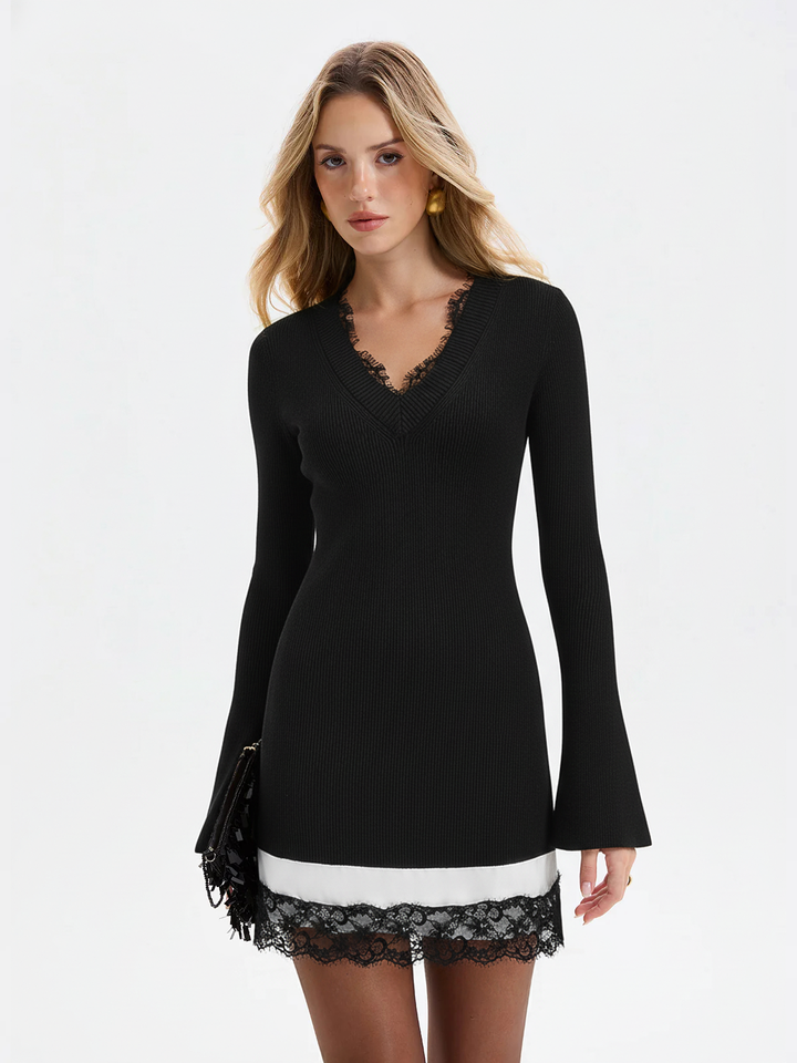 Valantomode | Chic Wool Blend Bell-Sleeve Mini Dress with Lace Trim