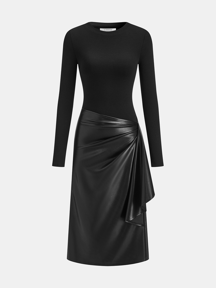 Valantomode | Chic Asymmetric Maxi Dress with Knit & Faux Leather Panels