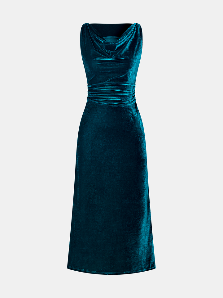 Valantomode | Luxe Velvet Sleeveless Cowl Neck Ruched Dress