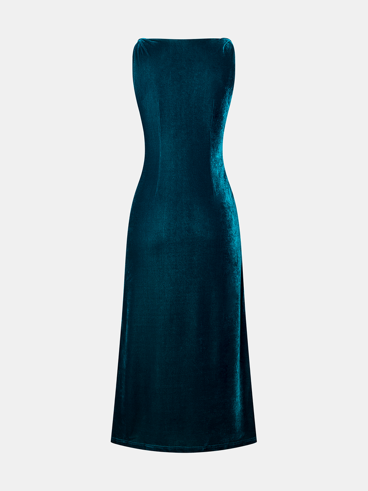 Valantomode | Luxe Velvet Sleeveless Cowl Neck Ruched Dress