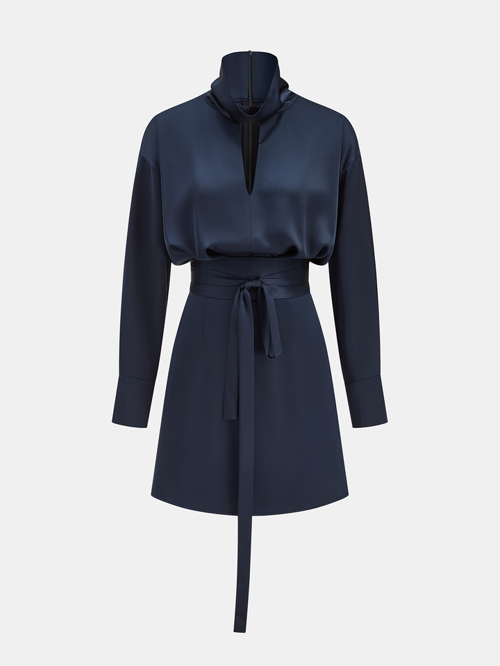 Valantomode | Elegant Satin Turtleneck Mini Dress with Tie-Waist