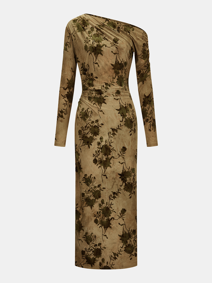 Valantomode | Chic One-Shoulder Floral Midi Dress for Effortless Elegance
