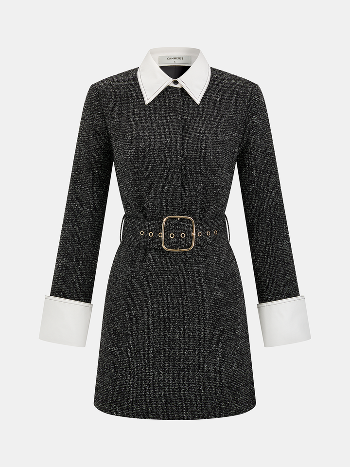 Valantomode | Chic Contrast-Collar Belted Mini Dress for Effortless Style