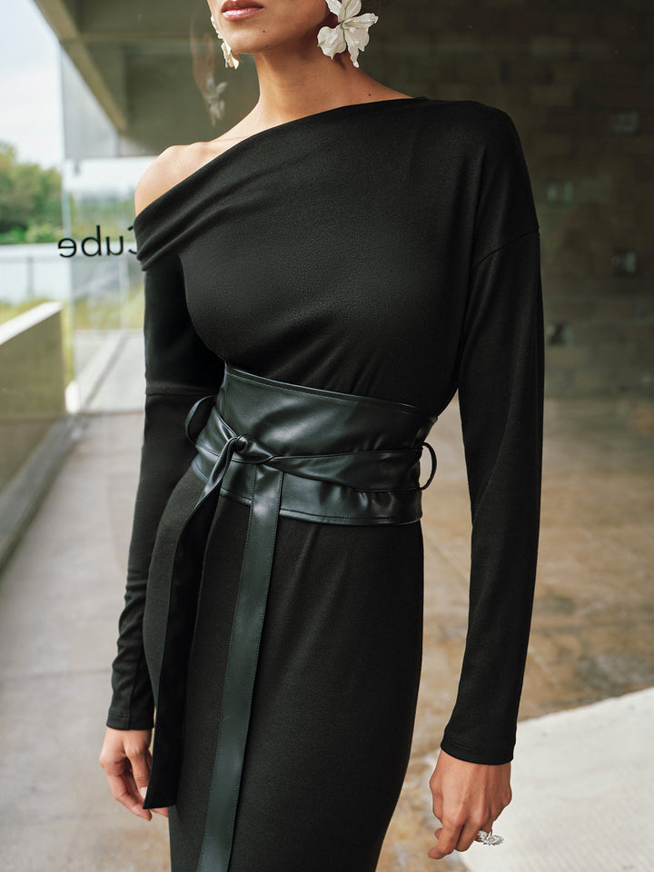 Valantomode | Chic Off-Shoulder Slit Maxi Dress with Waist Cincher
