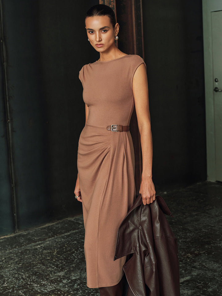 Valantomode | Chic Sleeveless Ruched Midi Dress with Buckle Accent