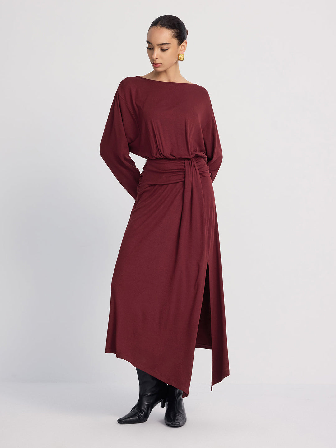 Valantomode | Elegant Ruched Maxi Dress with Slit and Long Sleeves