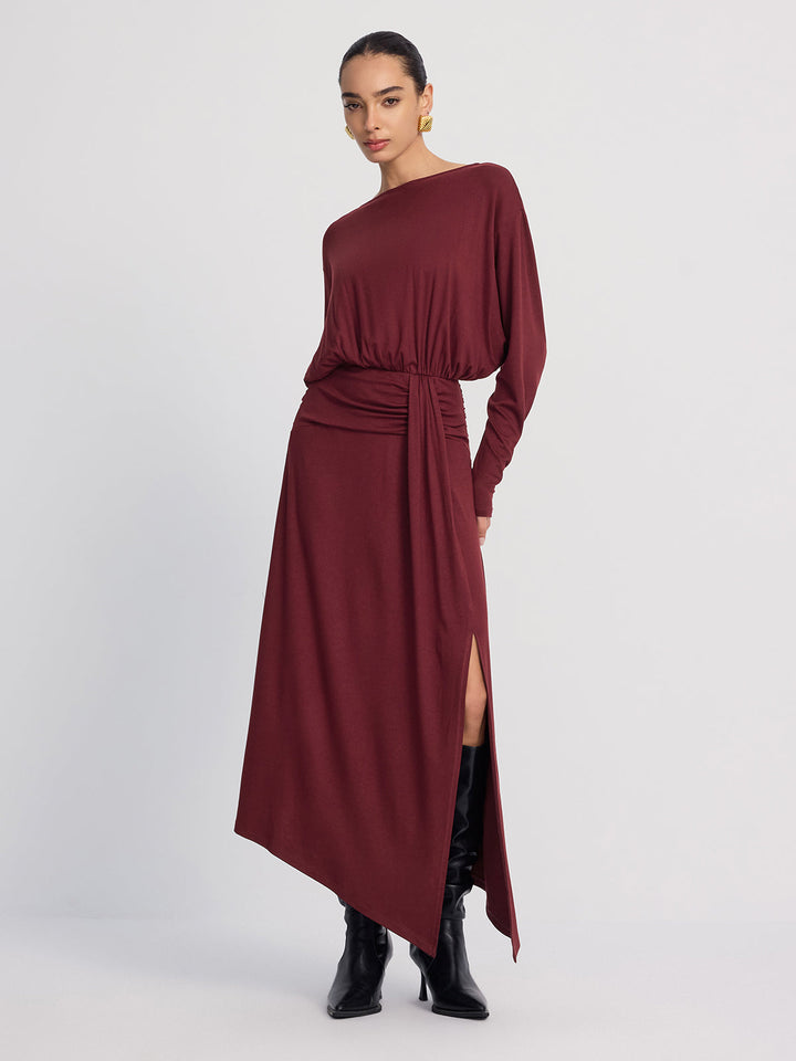 Valantomode | Elegant Ruched Maxi Dress with Slit and Long Sleeves