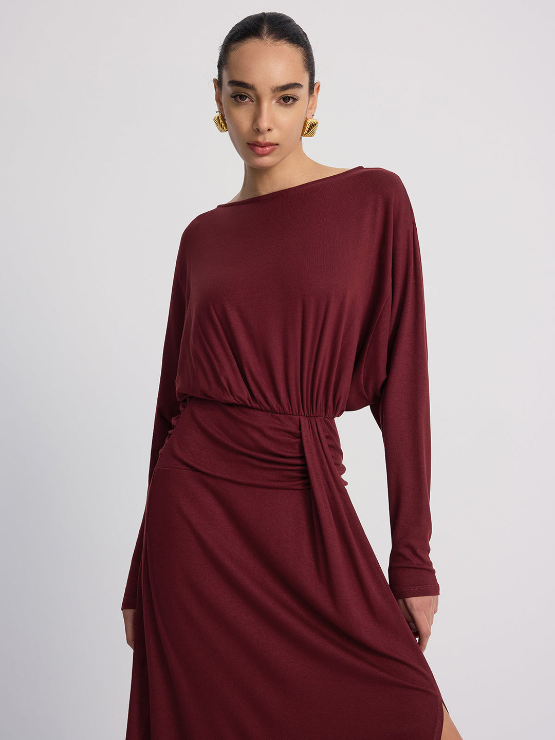 Valantomode | Elegant Ruched Maxi Dress with Slit and Long Sleeves