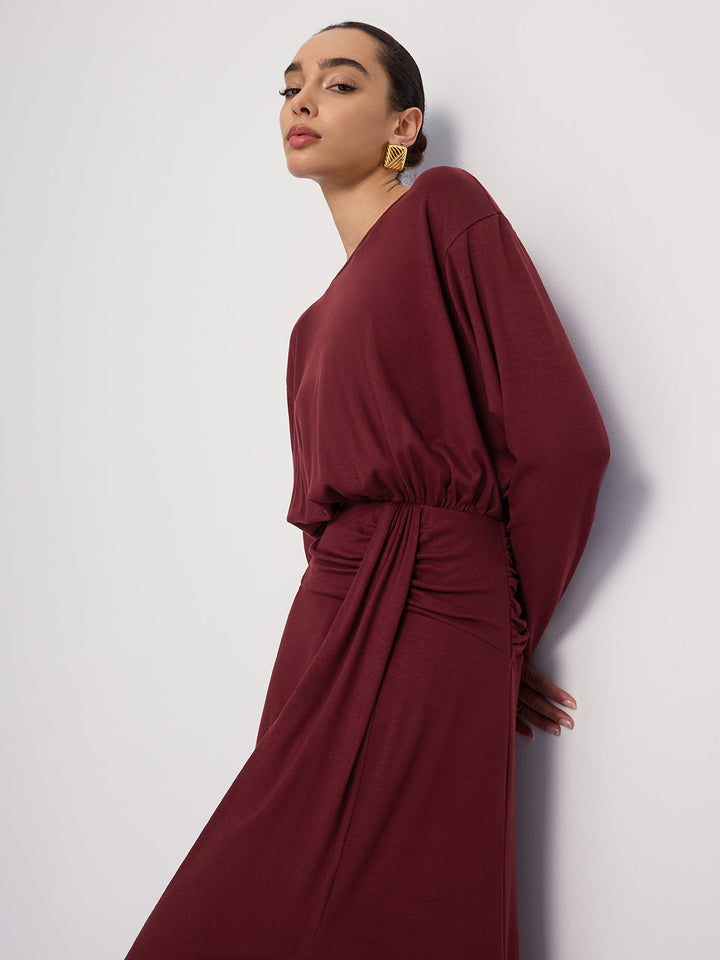 Valantomode | Elegant Ruched Maxi Dress with Slit and Long Sleeves