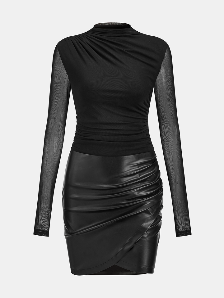 Valantomode | Chic Faux Leather Mini Dress with Mesh Ruched Panels