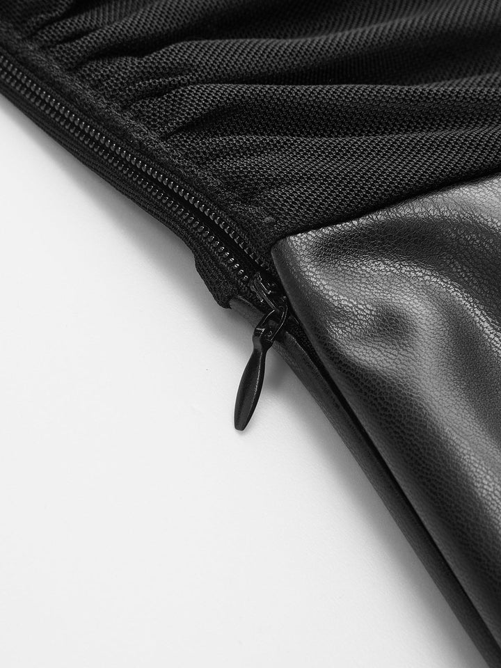 Valantomode | Chic Faux Leather Mini Dress with Mesh Ruched Panels