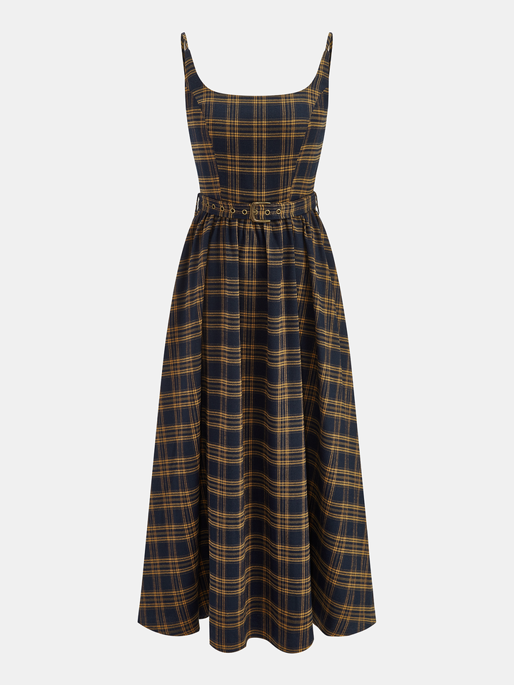 Valantomode | Chic Plaid Midi Dress with Smocked Bodice & Belt