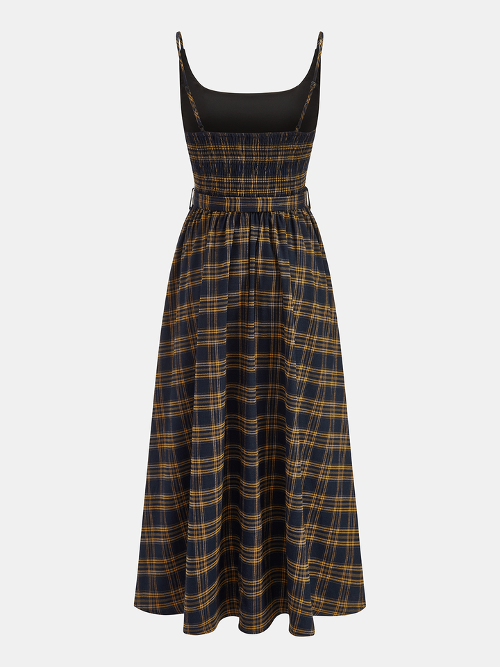 Valantomode | Chic Plaid Midi Dress with Smocked Bodice & Belt