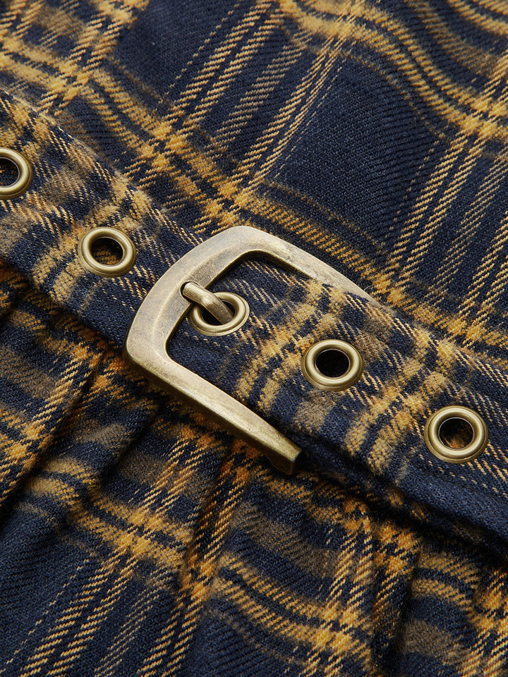 Valantomode | Chic Plaid Midi Dress with Smocked Bodice & Belt