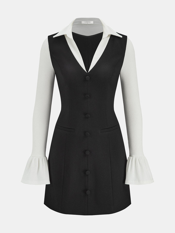 Valantomode | Chic Collared Knit Mini Dress with Flared Sleeves