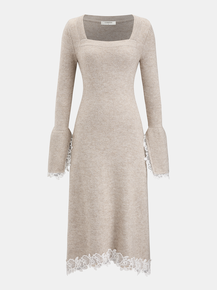 Valantomode | Chic Wool-Blend Lace-Trim Square-Neck Dress