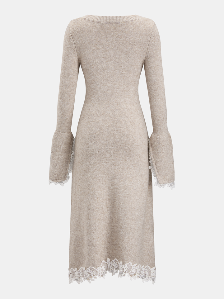Valantomode | Chic Wool-Blend Lace-Trim Square-Neck Dress
