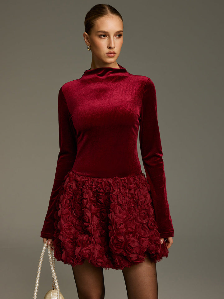 Valantomode | Luxe Velvet 3D Rose Ruffle Mini Dress for Chic Style