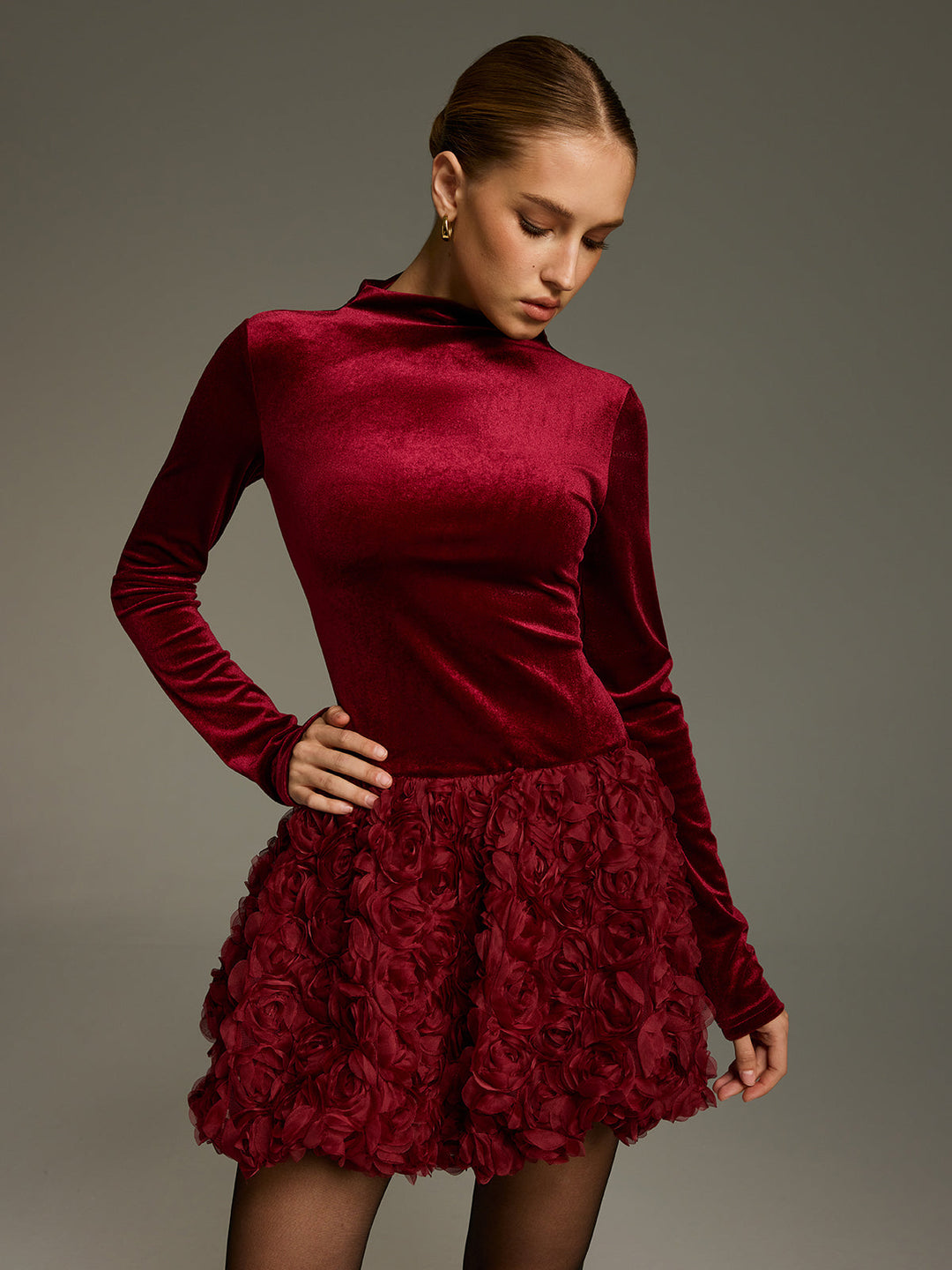 Valantomode | Luxe Velvet 3D Rose Ruffle Mini Dress for Chic Style
