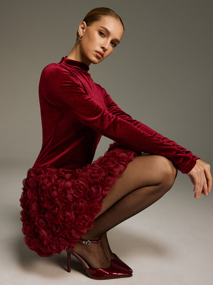 Valantomode | Luxe Velvet 3D Rose Ruffle Mini Dress for Chic Style