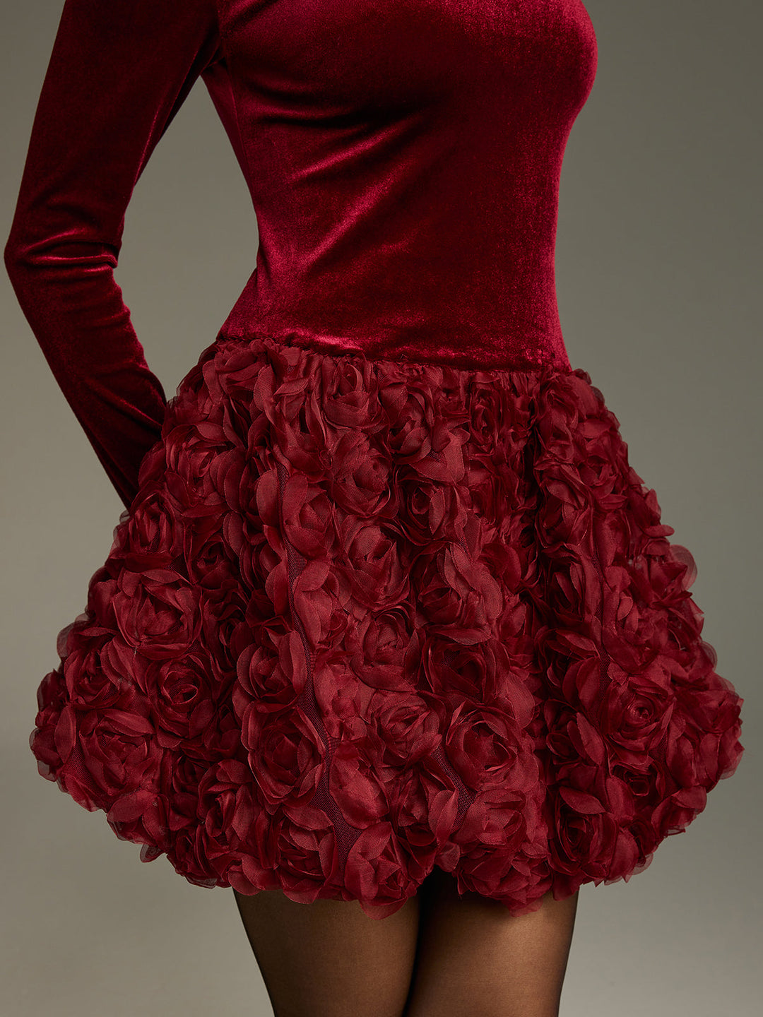 Valantomode | Luxe Velvet 3D Rose Ruffle Mini Dress for Chic Style