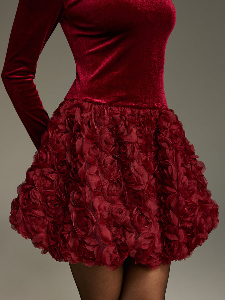 Valantomode | Luxe Velvet 3D Rose Ruffle Mini Dress for Chic Style