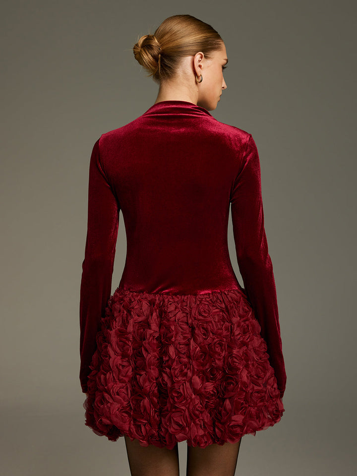 Valantomode | Luxe Velvet 3D Rose Ruffle Mini Dress for Chic Style