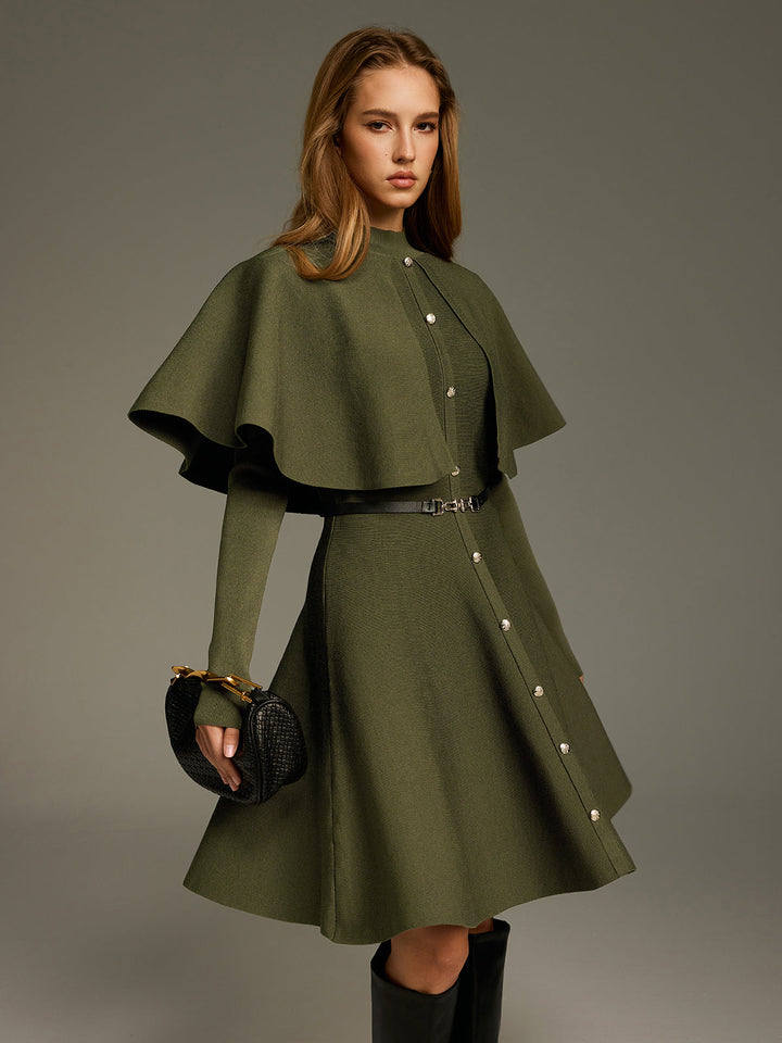 Valantomode | Chic Capelet Midi Dress with Button Front and Belt