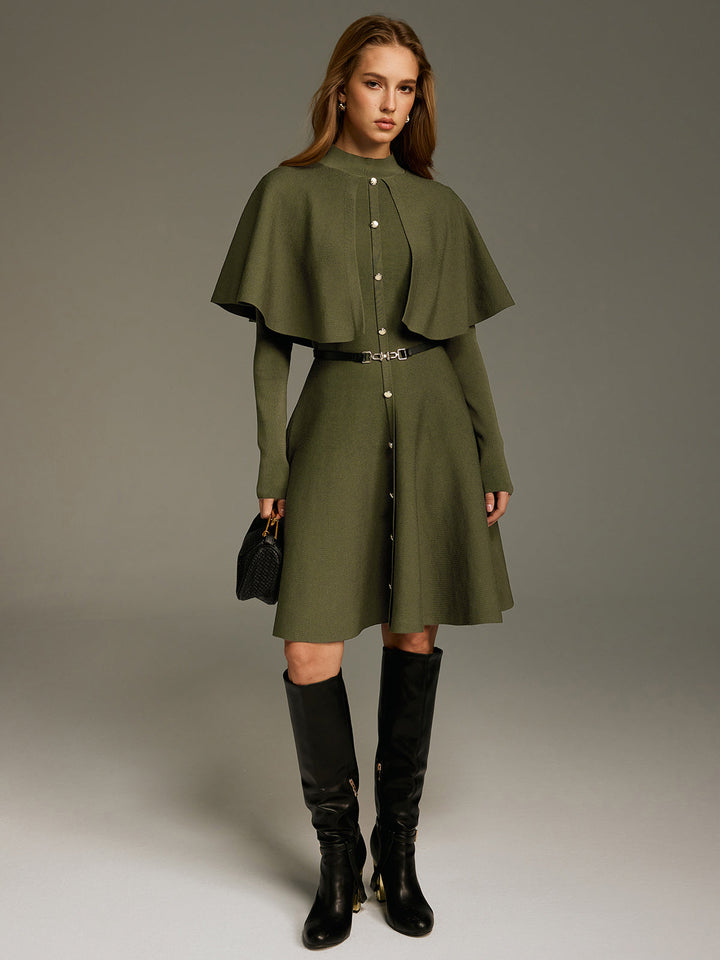 Valantomode | Chic Capelet Midi Dress with Button Front and Belt