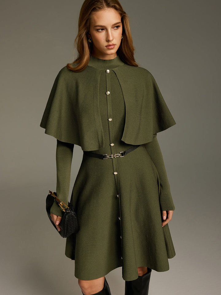 Valantomode | Chic Capelet Midi Dress with Button Front and Belt