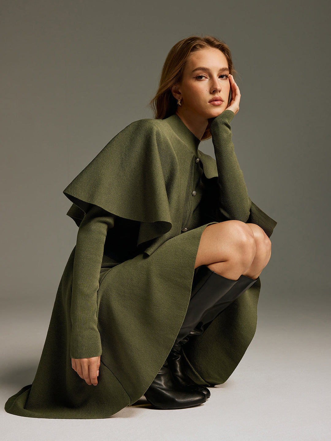 Valantomode | Chic Capelet Midi Dress with Button Front and Belt