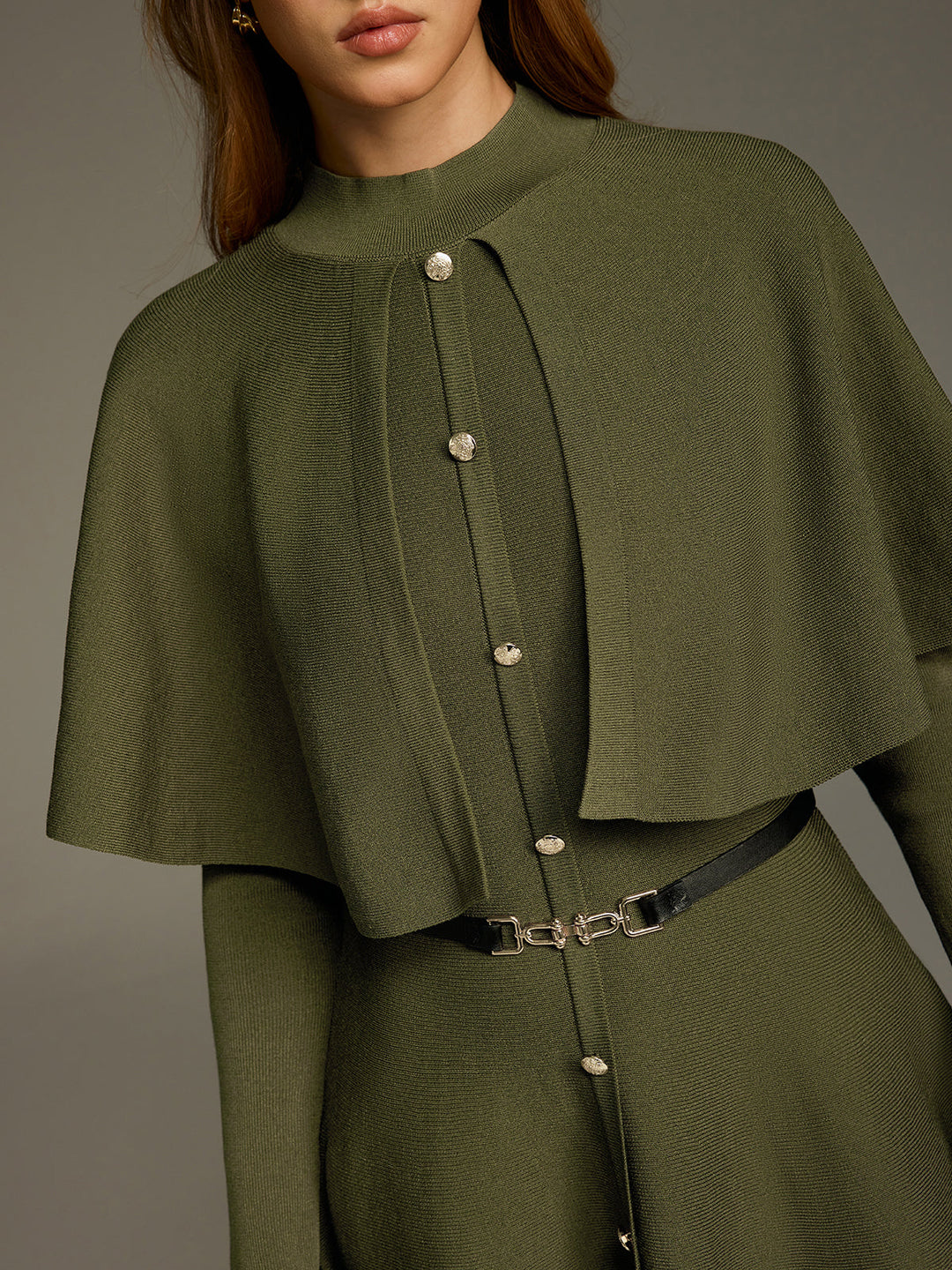 Valantomode | Chic Capelet Midi Dress with Button Front and Belt
