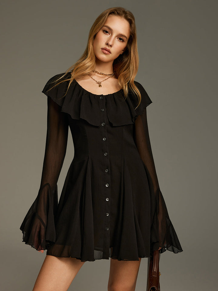 Valantomode | Elegant Chiffon Ruffled Mini Dress with Bell Sleeves