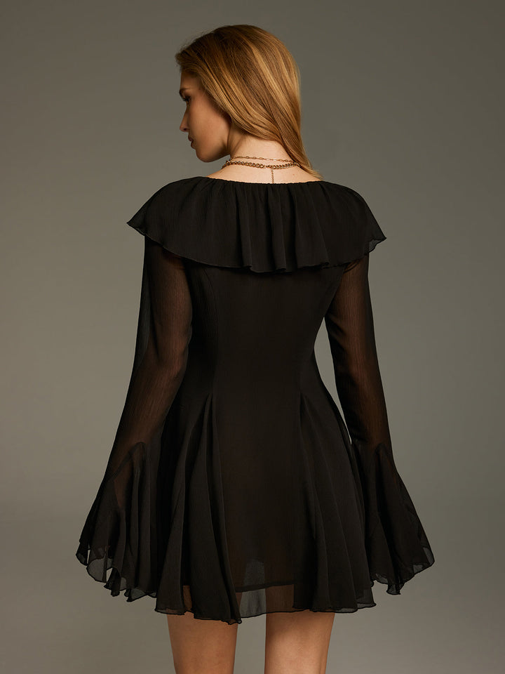 Valantomode | Elegant Chiffon Ruffled Mini Dress with Bell Sleeves